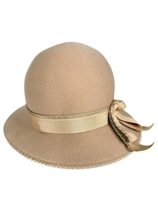 Geo W Bollman Miss JoAnn Tan Wool Felt Cloche Hat Satin Ribbon Bow Vintage main image 6